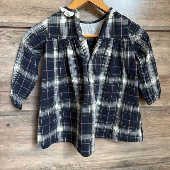 Edgehill Collection Navy White Plaid Long Sleeve Dress Ruffle Scoop Neck Collar - Picture 5 of 7